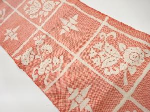 リサイクル　手織り真綿紬格子に草花・抽象模様織出し名古屋帯